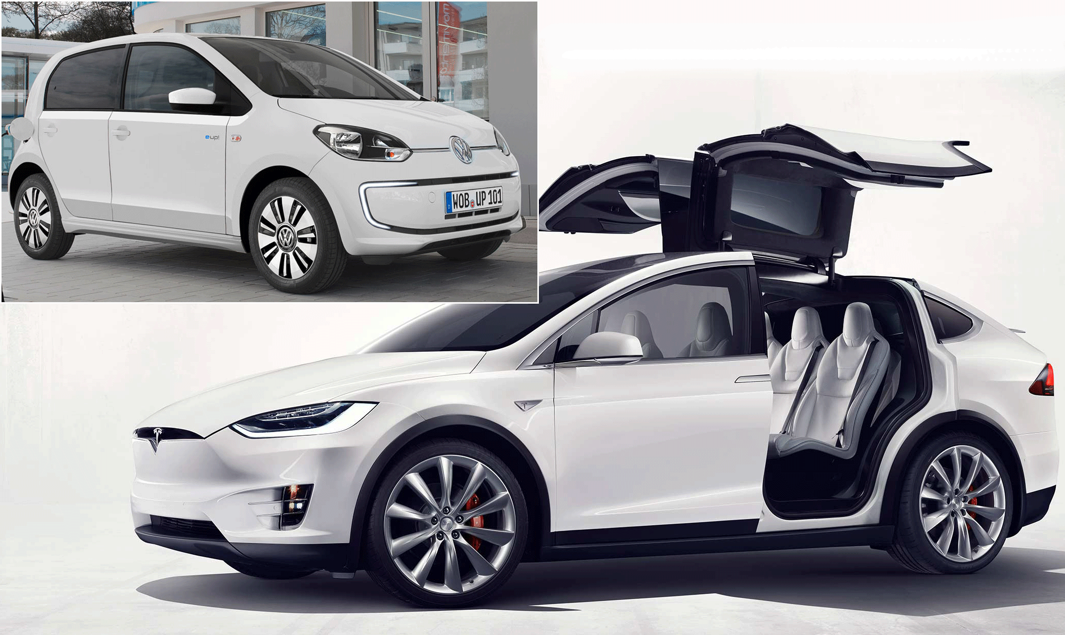 En vit Tesla Model E och en vit Tesla Model S (AI text)