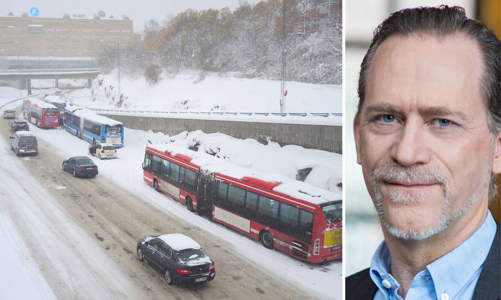 En man i kostym och slips kör en bil i snön. (AI text)