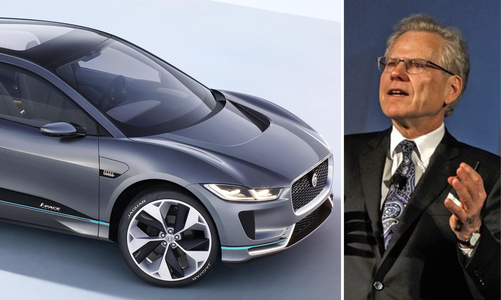 En man i kostym och slips står bredvid en Jaguar I-PACE-elbil. (AI text)