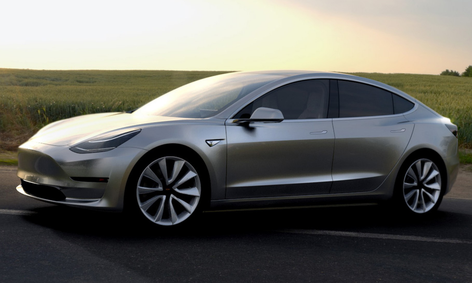 Tesla Model 3 kör på en landsväg. (AI text)