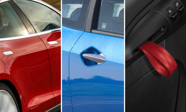 En bil med en röd dörrhandtag och ett blått dörrhandtag. (AI text)