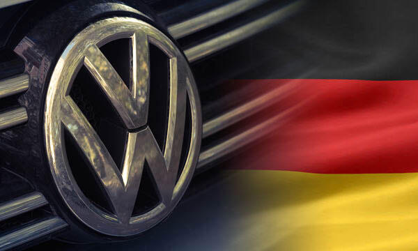 En Volkswagen-logotyp och en tysk flagga (AI text)