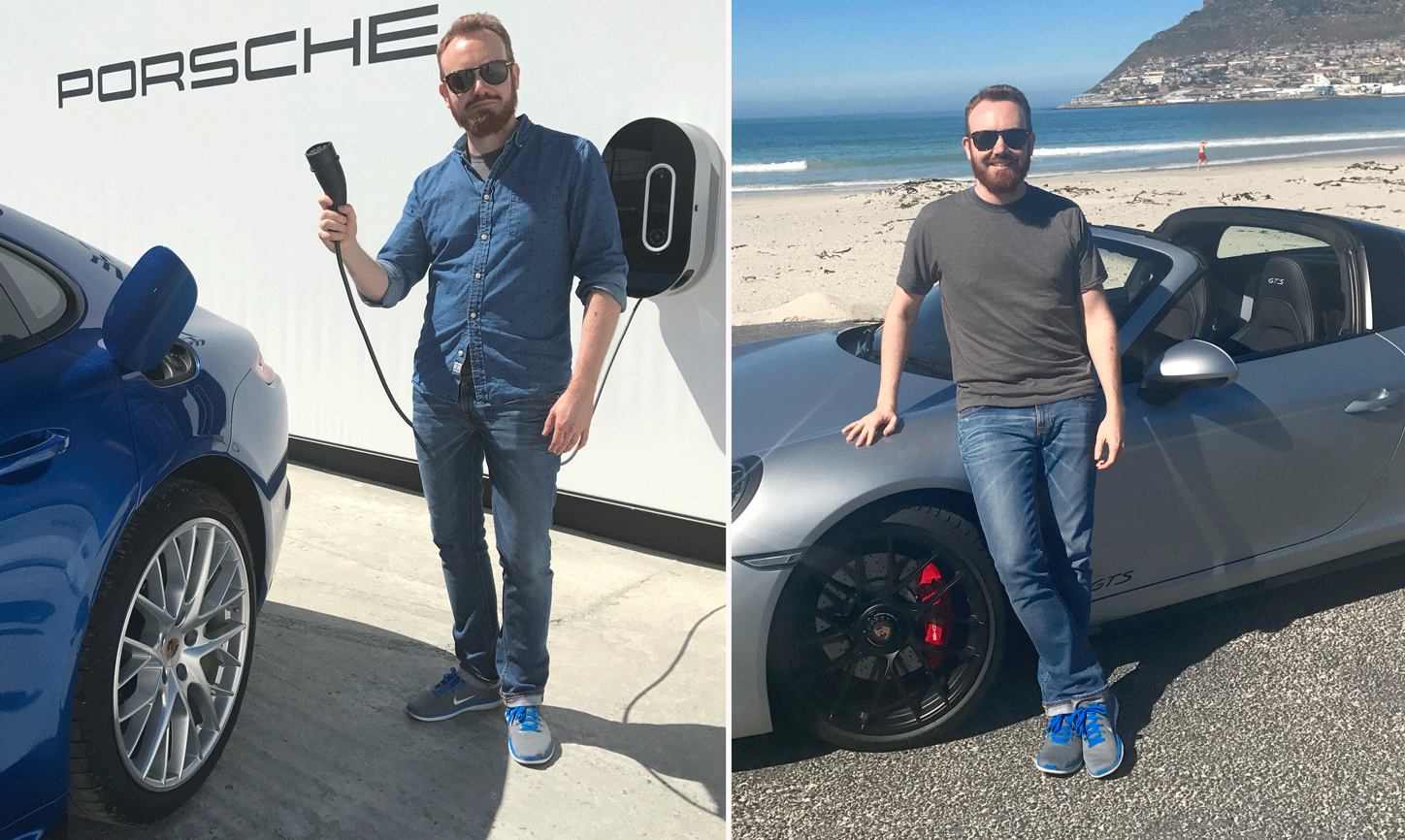 En man står bredvid en Porsche 911 GTS. (AI text)