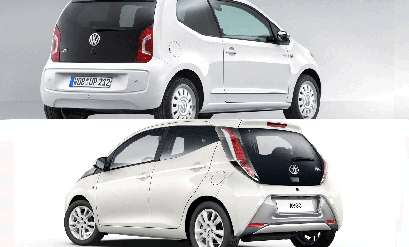 två vita Volkswagen up! (AI text)