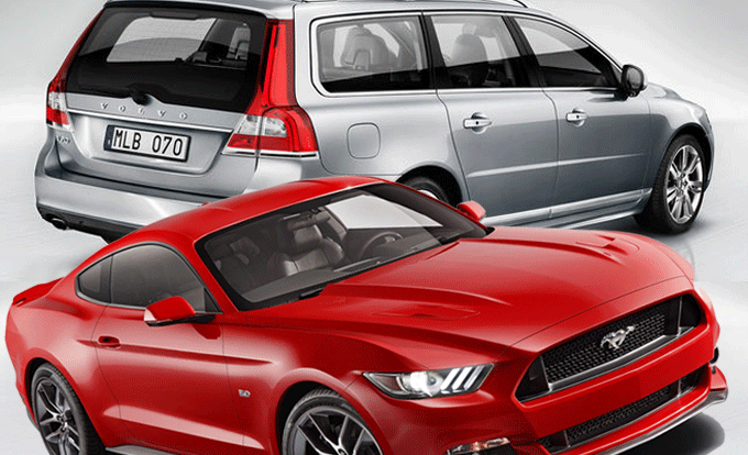 En omslag med en röd Ford Mustang och en silver Ford Mustang (AI text)