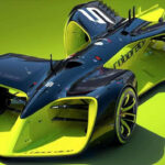 En framtida racerbil på en grön bakgrund. (AI text)