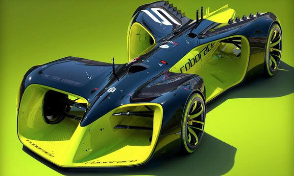 En framtida racerbil på en grön bakgrund. (AI text)