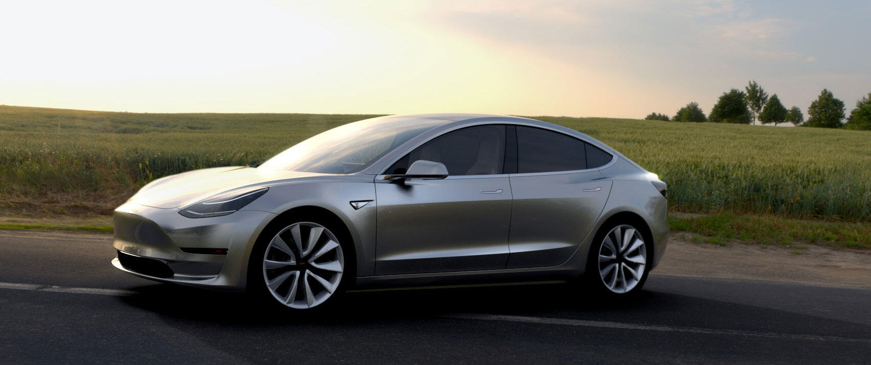 Tesla Model 3 kör på en landsväg. (AI text)