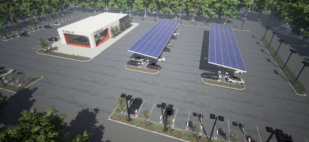 Om vi får tro den här illustrationen kan Teslas nya snabbladdningsstationer få stöd för betydligt fler bilar än dagens Superchargers. I bilden här ovan skulle fler än 100 bilar få plats och det finns också ett kundcenter.