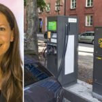 En kvinna står bredvid en elbilsladdstation. (AI text)