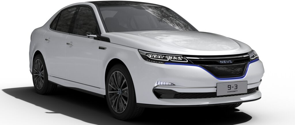 En vit bil med blå lampor på ett vitt bakgrund (AI text)