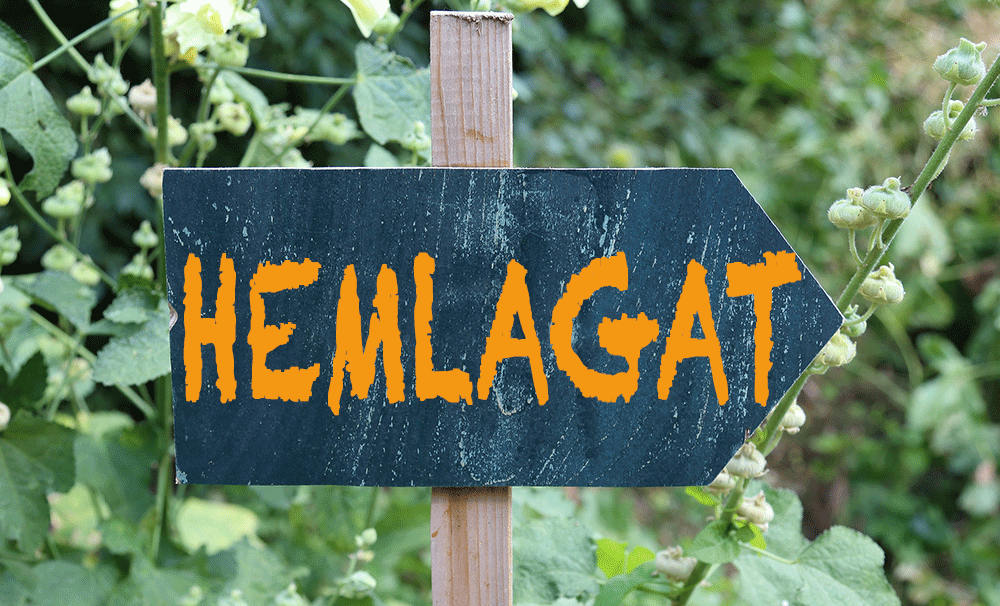 En skylt som pekar mot en trädgård med en skylt som lyder "hemlagat". (AI text)