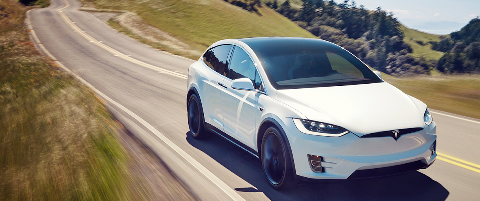 Tesla Model X kör längs en landsväg. (AI text)