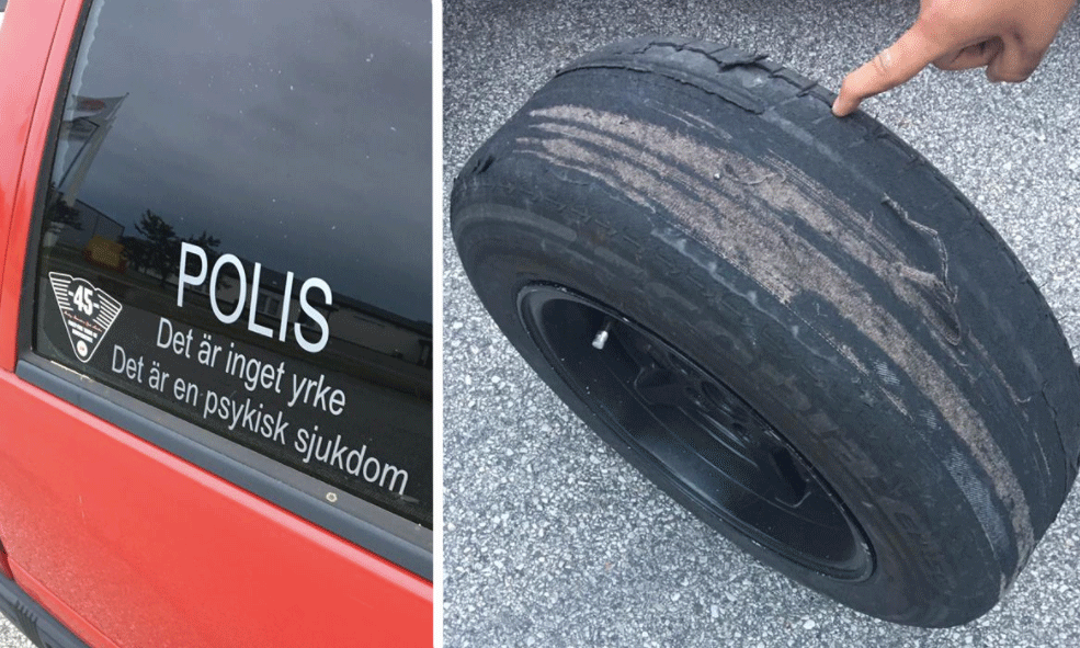 En polisbil med en däck som är platt. (AI text)