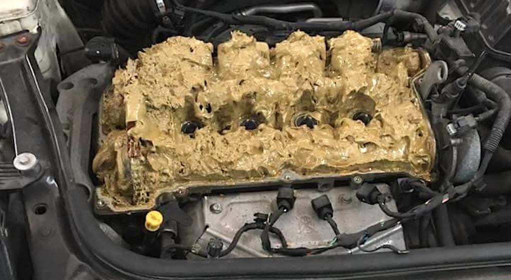 Man kan skymta kamkedjedrivningen till vänster, och de fyra hålen till tändstiften. Resten är bara klet under ventilkåpan.