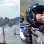 Person flyger en röd Bull Air Racer över Donau. (AI text)