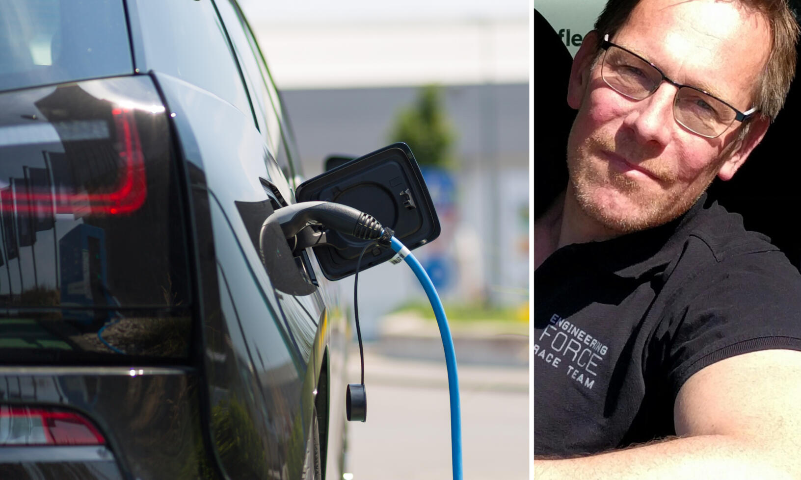 En man laddar sin bil med en elbilsladdare. (AI text)