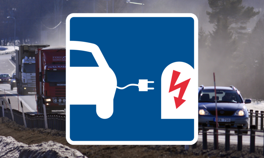 En bil är parkerad på en väg med en skylt som säger 'endast elbilar' (AI text)