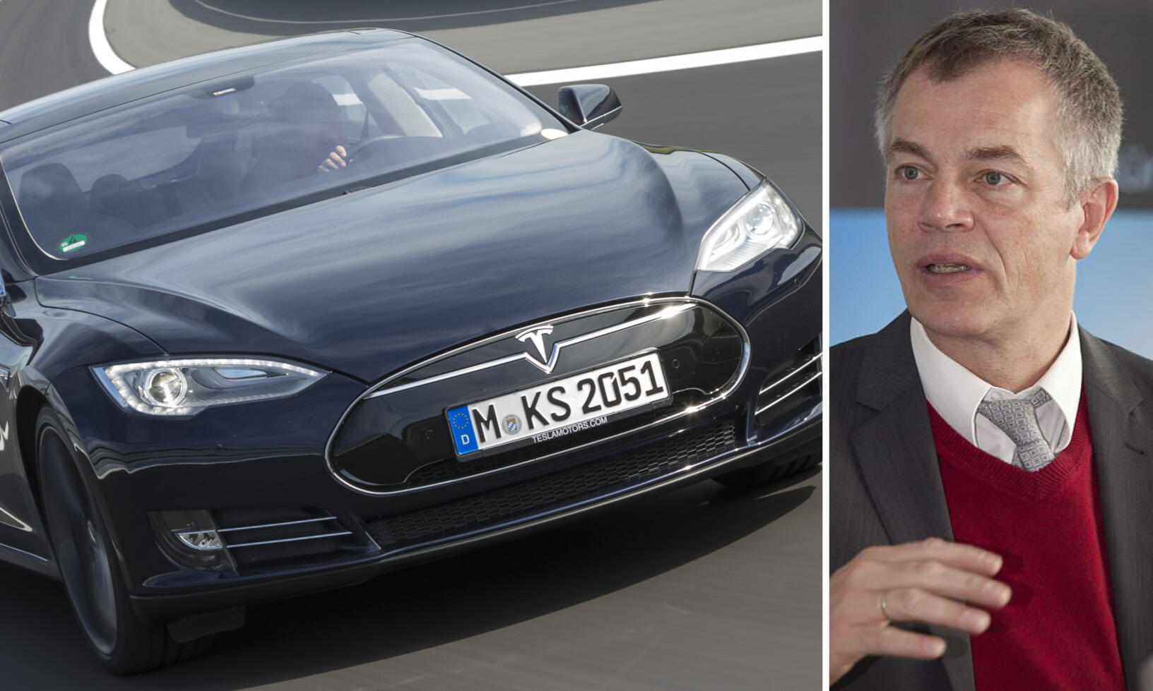 En man står bredvid en Tesla Model S-bil. (AI text)