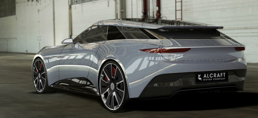 En futuristisk bil i ett garage (AI text)