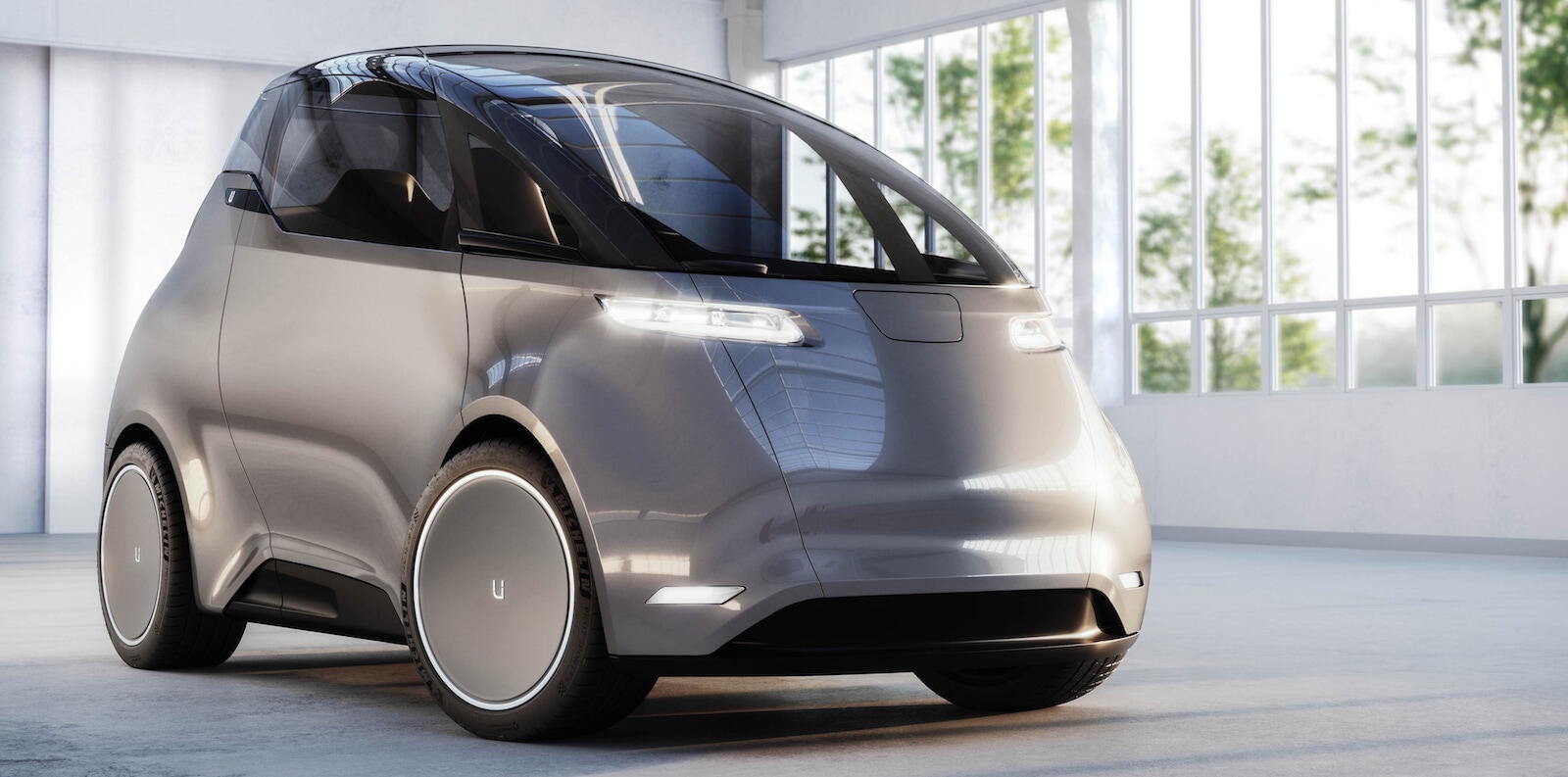 En framtida bil i en rum. (AI text)