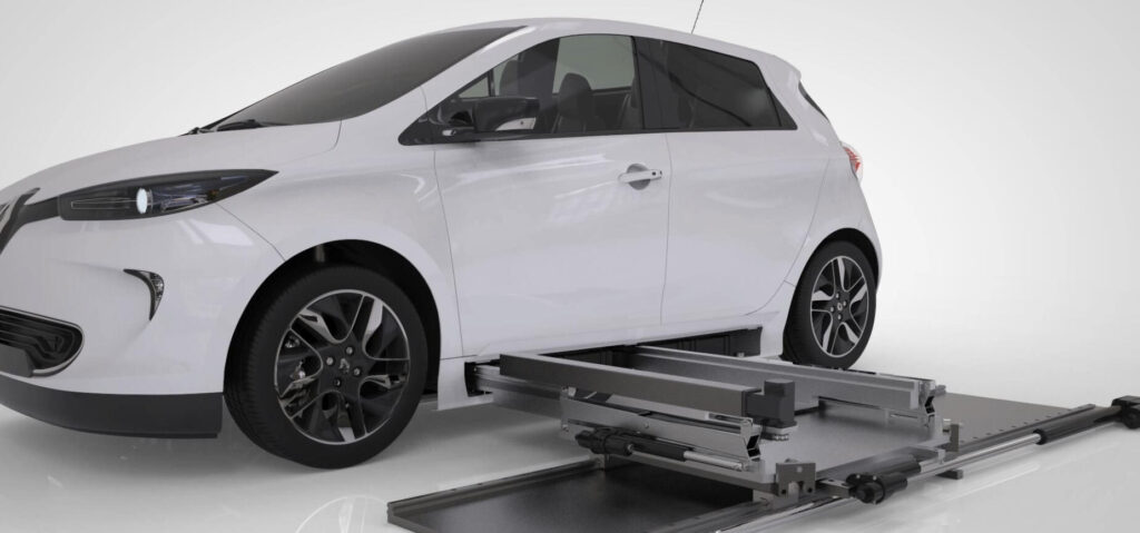 En bil lyfts upp på en plattform. (AI text)