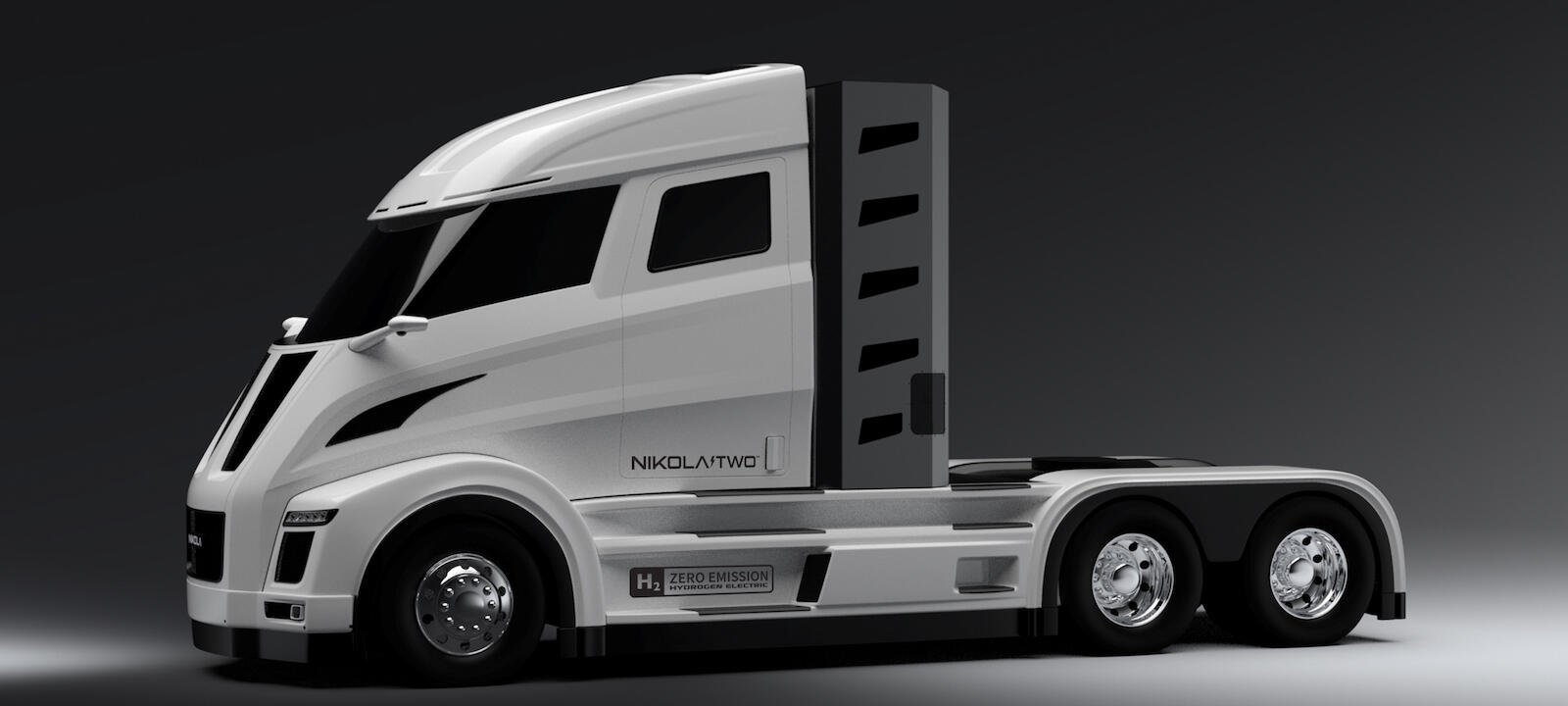 En lastbil med ett vitt huva och en svart bakgrund. (AI text)