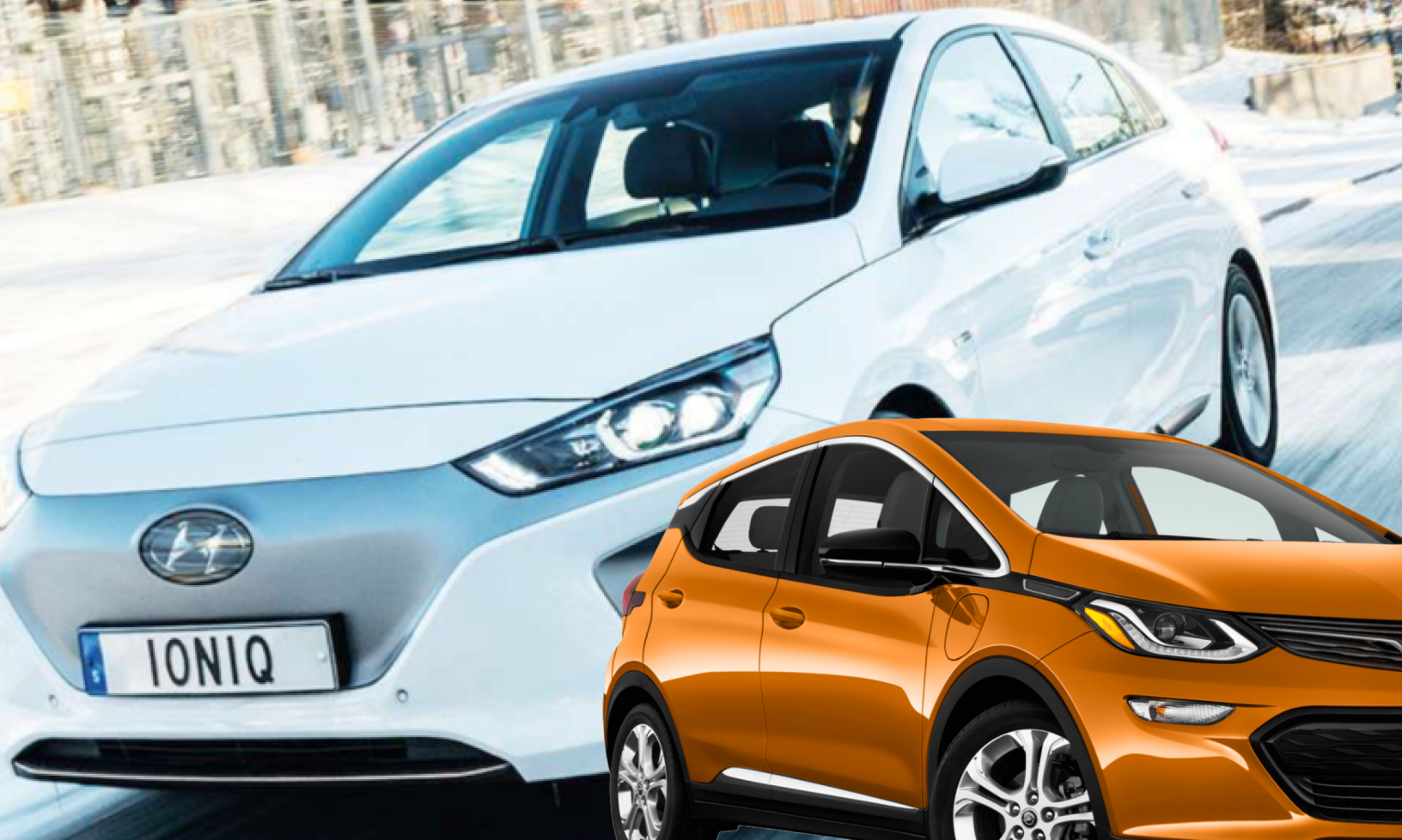 En Chevrolet Volt och en Chevrolet Volt EV kör på en snöig väg. (AI text)