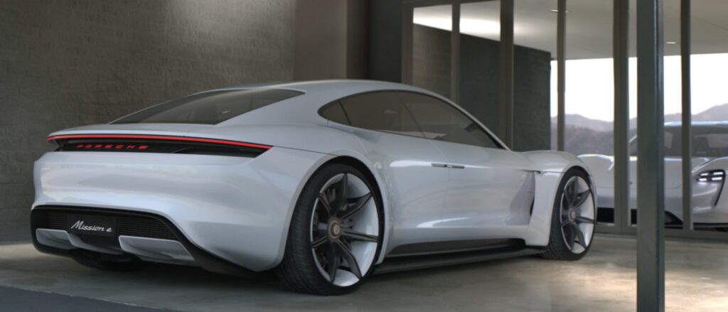En vit Porsche 918 Spyder-konceptbil parkerad i en garagelänga. (AI text)