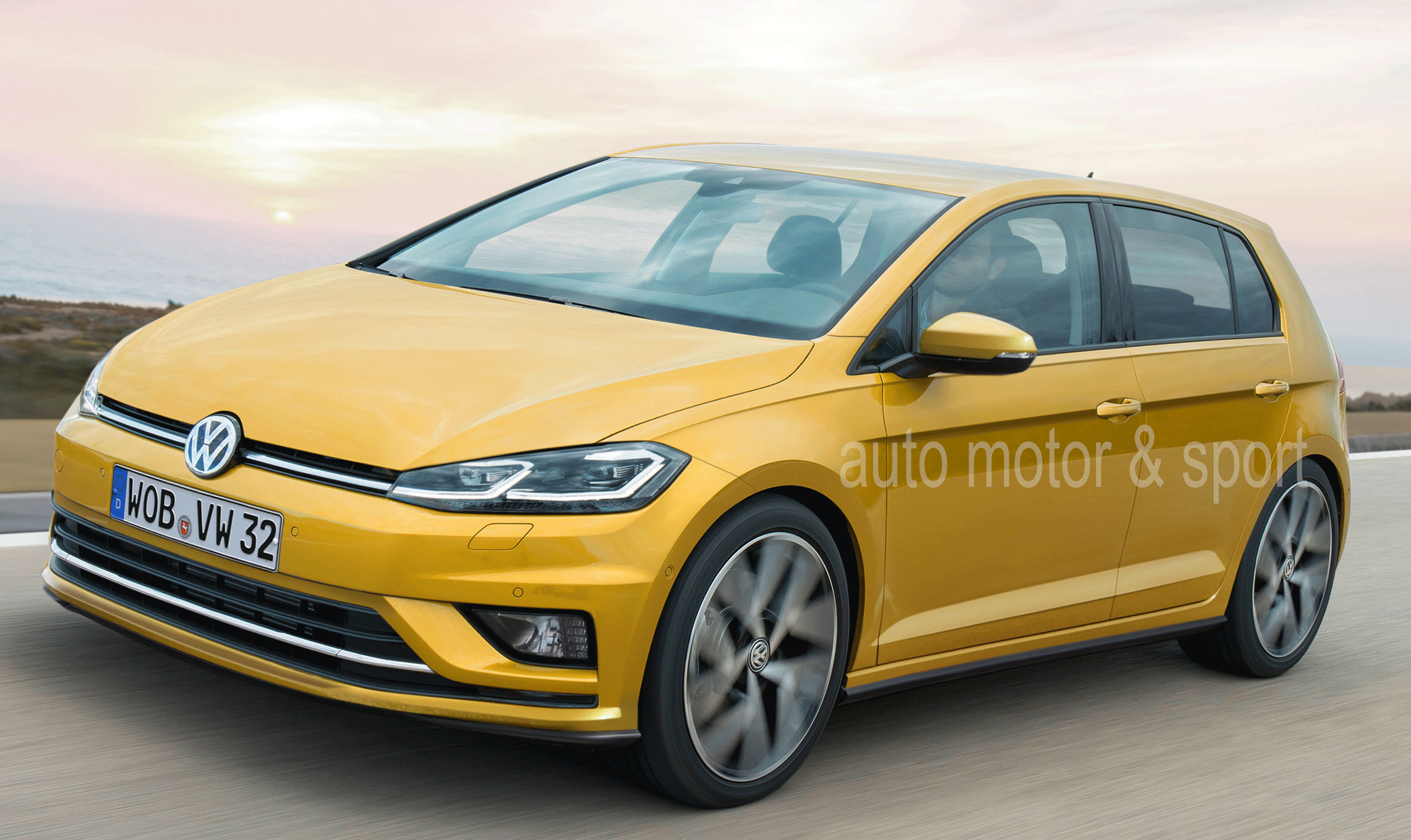 Volkswagen Golf GTI kör ner längs vägen. (AI text)