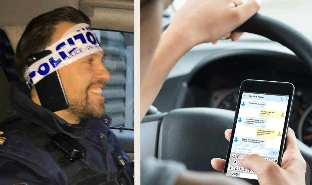 En polisbil kör en bil med en huvudband på huvudet (AI text)