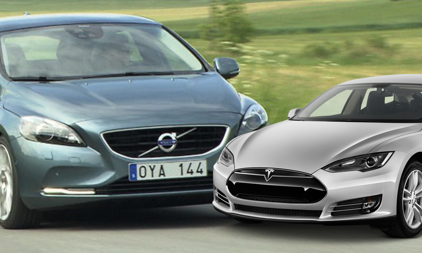 En Tesla Model S och en Volvo S kör längs vägen. (AI text)