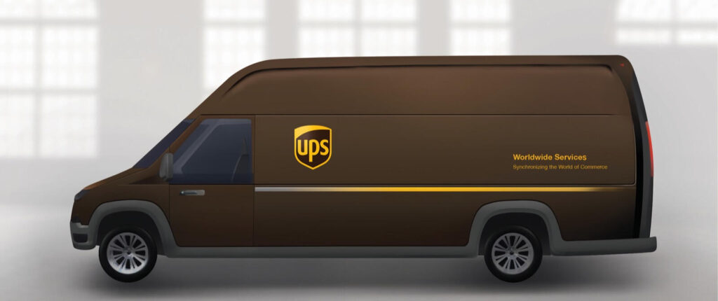 En brun UPS-fraktvagn i en lagerlokal. (AI text)