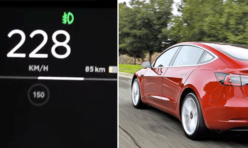 En Tesla Model S kör på motorvägen. (AI text)