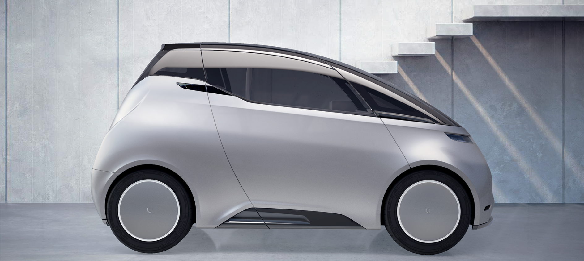 En framtida bil parkerad framför trappan. (AI text)