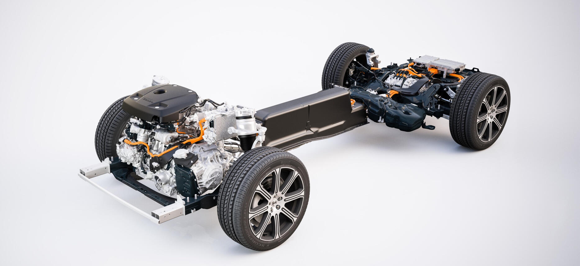 En bil med motor och hjul på ett vitt bakgrund. (AI text)