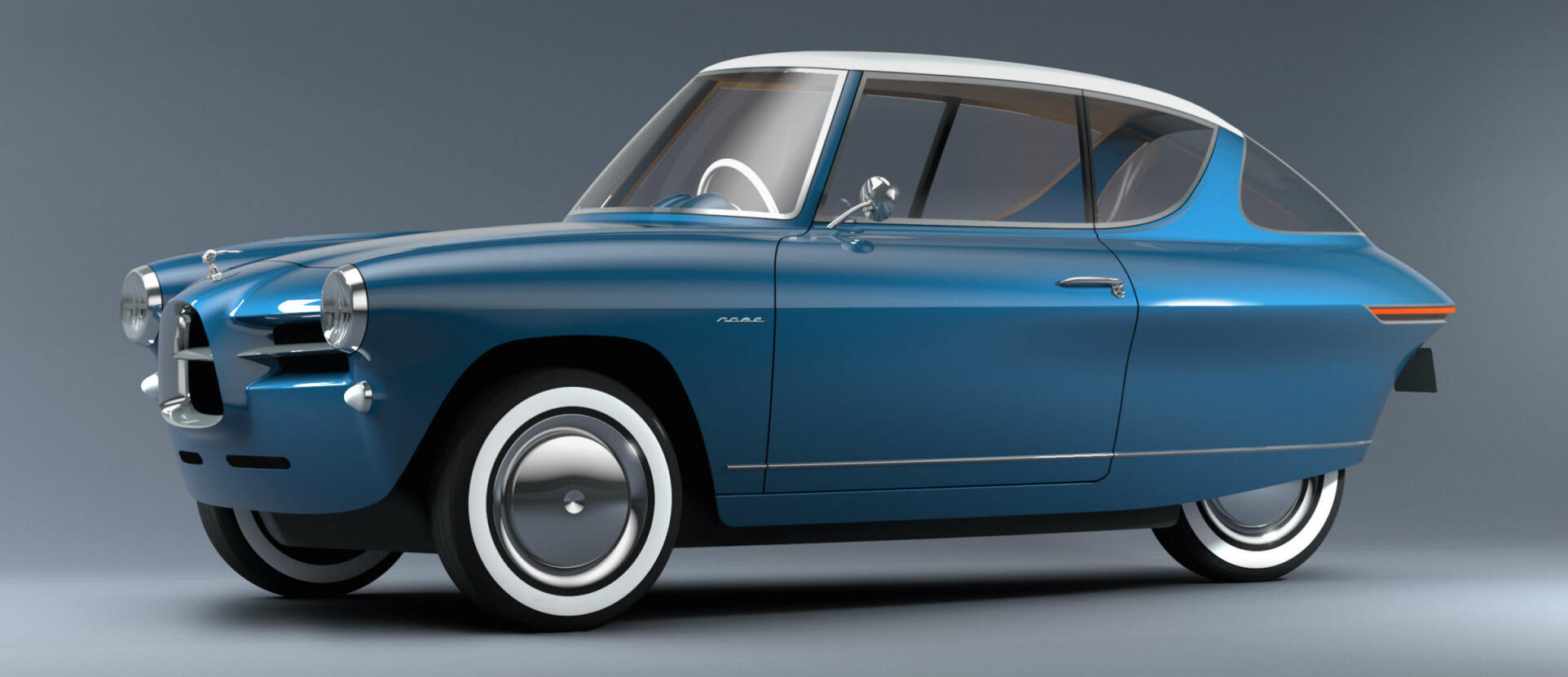 En blå bil med ett vitt huvelåd. (AI text)