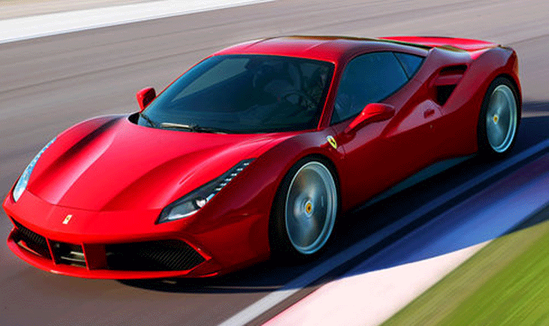 En röd Ferrari-sportbil kör på en bana. (AI text)