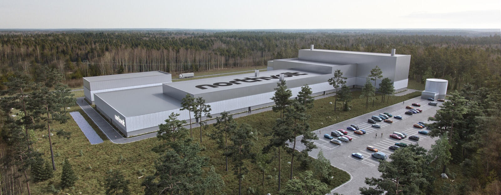 En avbildning av ett stort byggnad i skogen. (AI text)