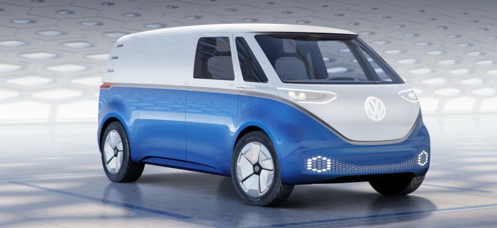 En Volkswagen-konceptbil i ett futuristiskt miljö. (AI text)