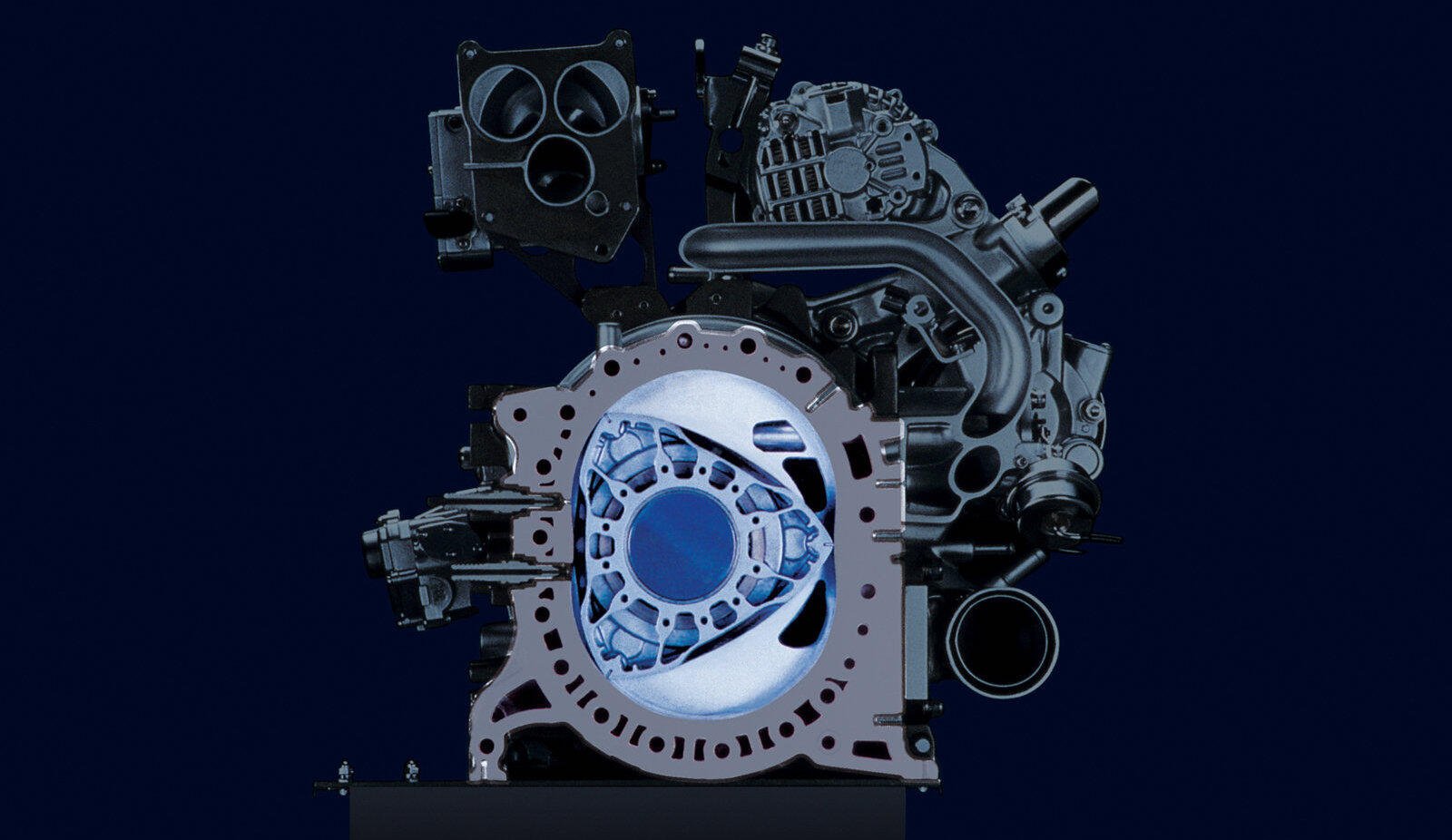 En bilmotor med en blå lyskälla. (AI text)