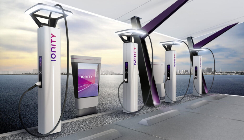 En laddstation för bilar med ett lila och vitt skylt (AI text)