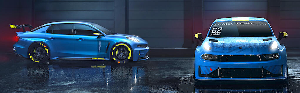 Gatversionen Lynk & Co 03 Cyan till vänster och till höger Thed Björks TCR-racebil.