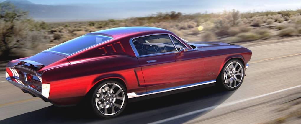 En röd mustang kör nedför en ökenväg. (AI text)