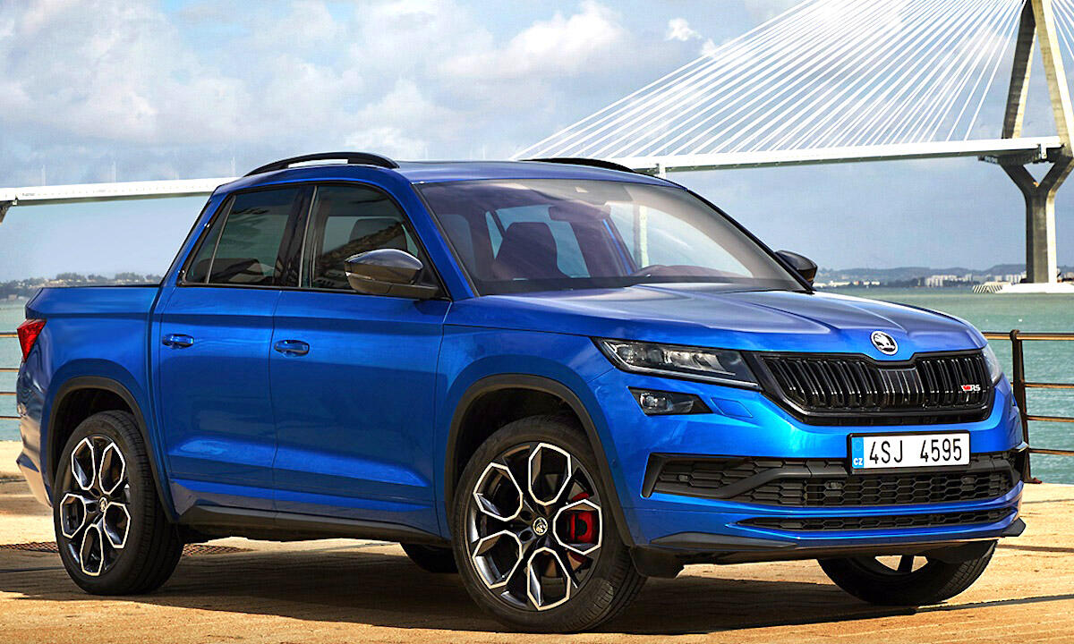 En blå Skoda parkerad framför en bro. (AI text)