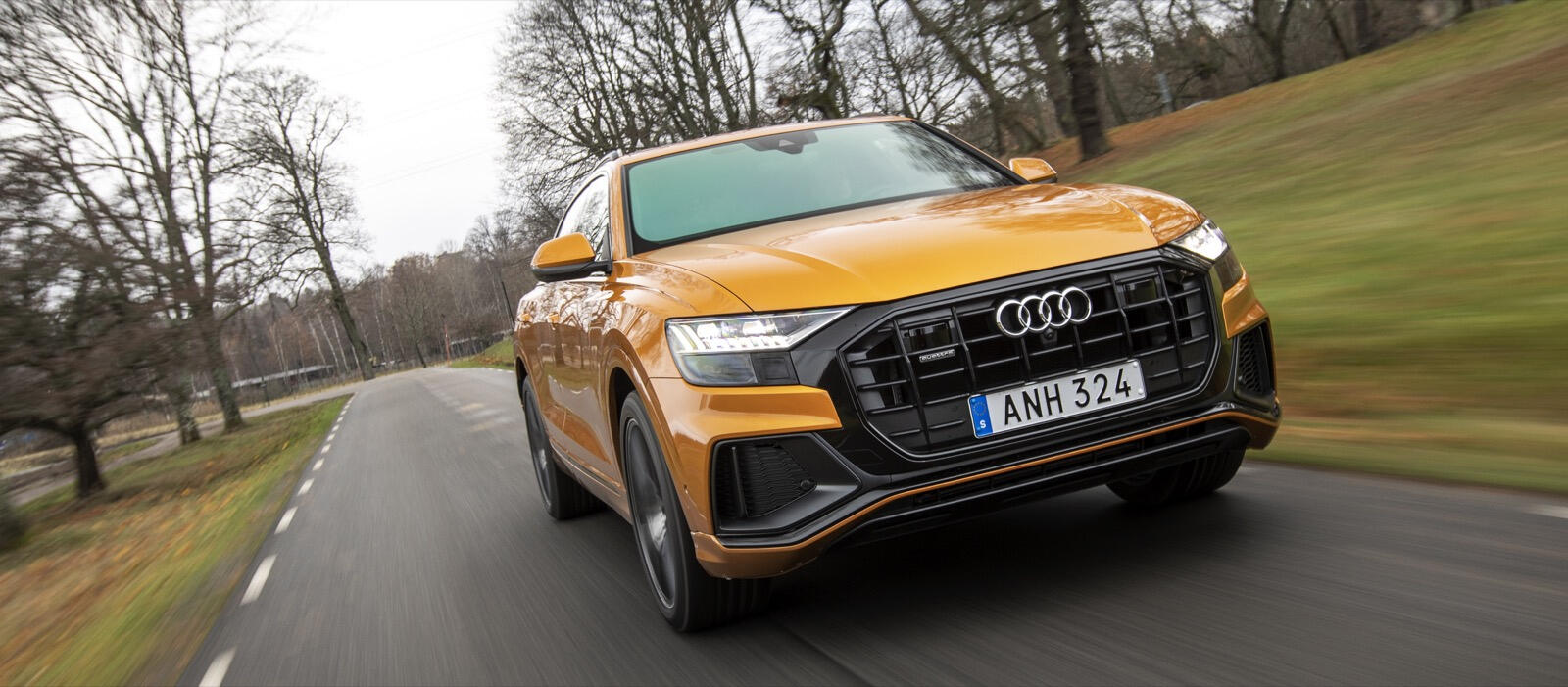 En Audi Q4 SUV kör längs en landsväg. (AI text)