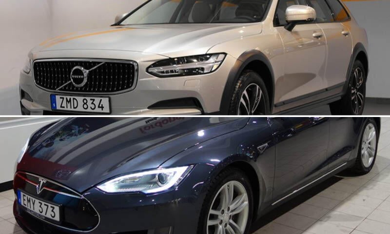 En biluthyrningsaffär med en Tesla XL och en Volvo XL. (AI text)