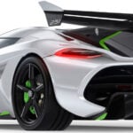 En vit och grön sportbil på ett vitt bakgrund. (AI text)