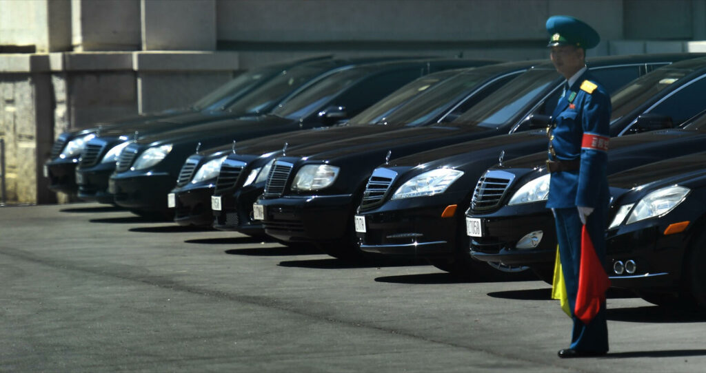 En vaktställning står framför en rad parkerade bilar. (AI text)