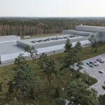 En återgivning av ett stort byggnad i skogen. (AI text)